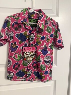 DIXXON Pink Sugar Skull Button-Down Shirt with Multicolor Floral Accents